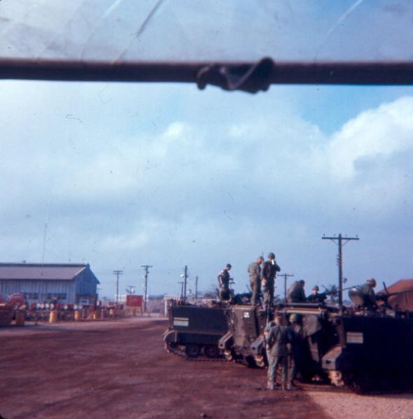 Newport Guards Servicing APC's Next To Old Guard House - Sea Land Building In  Background 