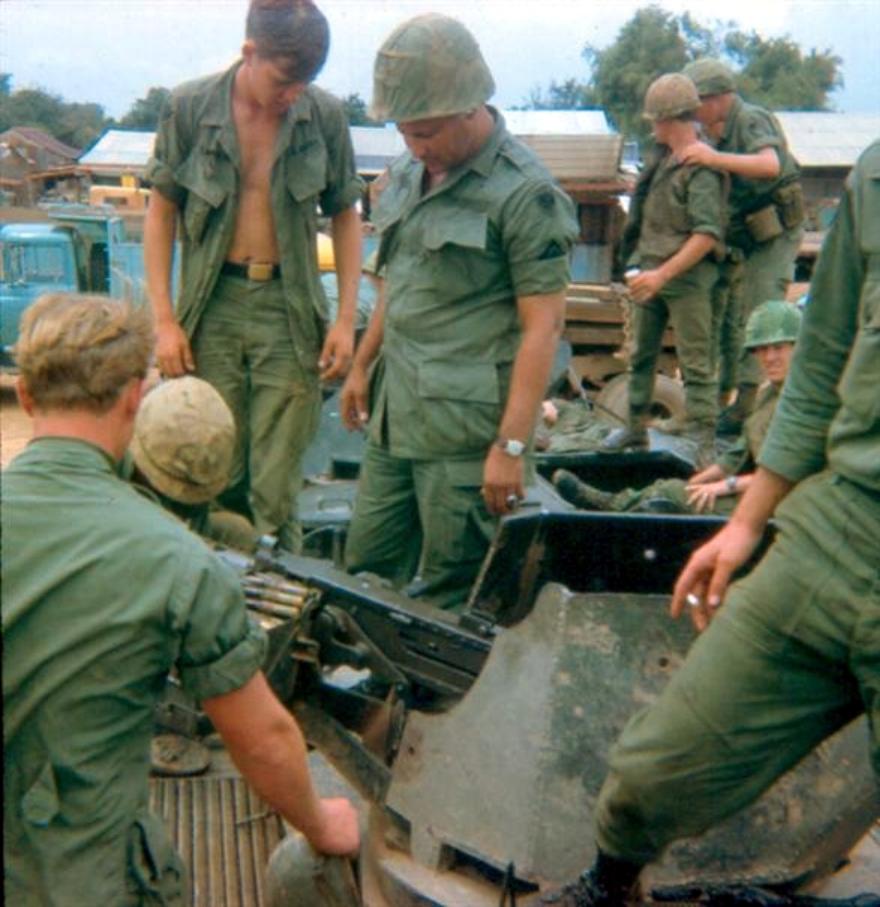 Newport Guards With Sgt. Perez In Center - Working On Overheated APC On Highway #1 Near A Small Village - Guard Robert  Banbury On Top Far Right With His Hand Sholder Of Another Guard 