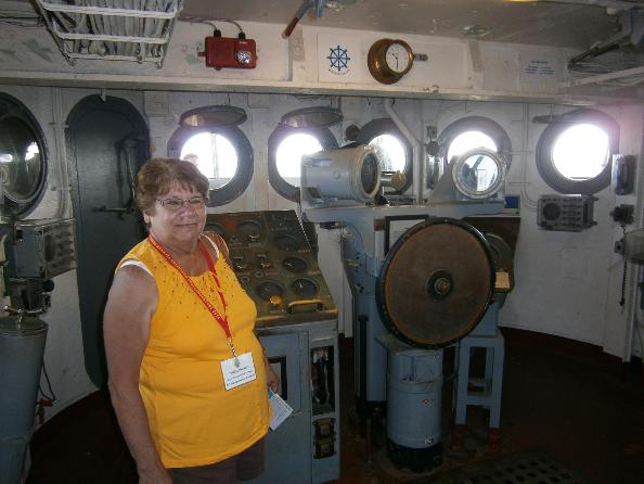 Vickie Reckers Checking Out The USS Yorktown - Photo courtesy of Tom & Vickie Reckers.