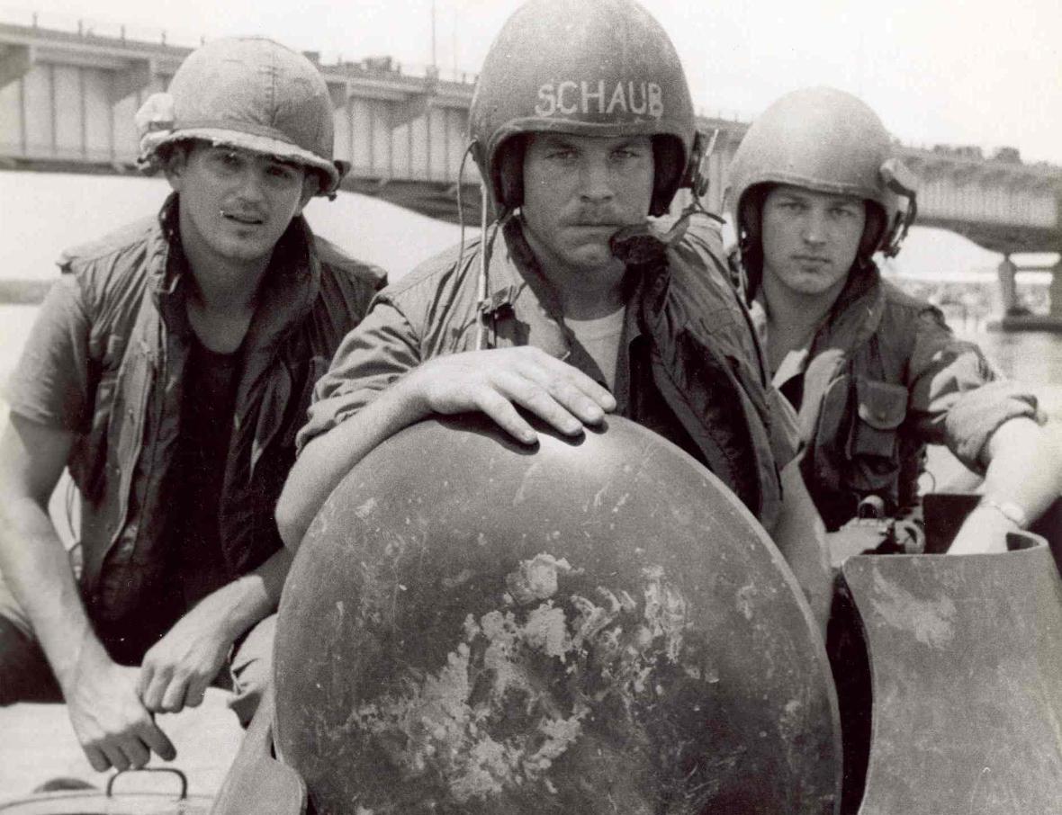 Left To Right - SP/4 Morawa - SP/4 Schaub - Sgt. Krabbenhoeft - Aboard One Of The APC's At Newport Good View Of The Newport Bridge In The Background