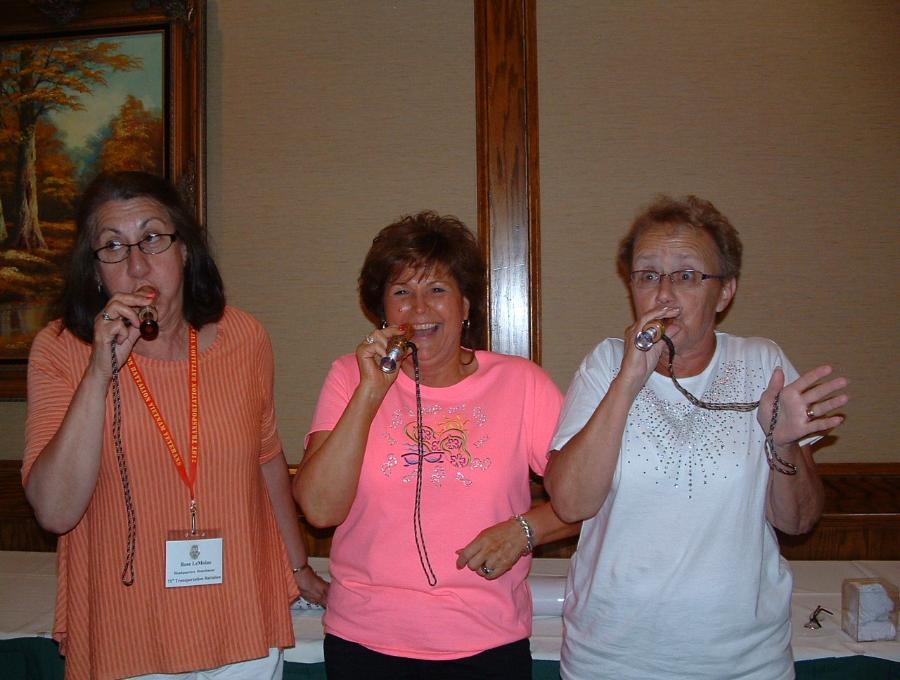 Rose LeMoine - Kay Shook - Jan Richmond - Playing With The Duck Calls They Won - LOL - Photo courtesy of Randy & Jan Richmond.