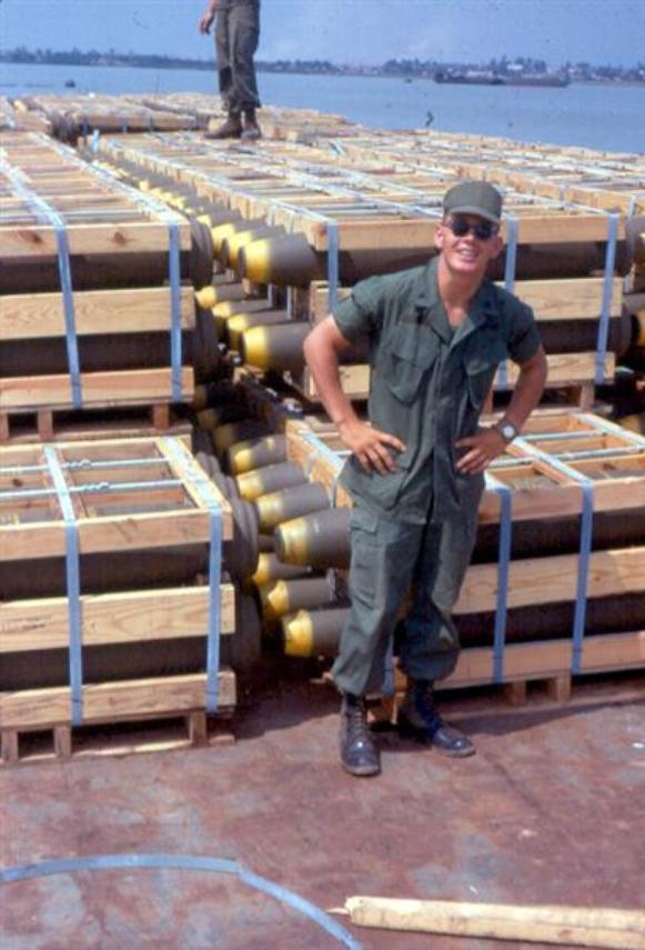 Left - 551st Trans Company Guys At Newport Wharf - Center - Ed Cooper - Chaplain's Assistant - At Bien Hoa Barge Site - Right - This is the huge Trans Colorado.  It can lift small boats and carry them to her top.  She is one of 25 ships, the largest of her kind.